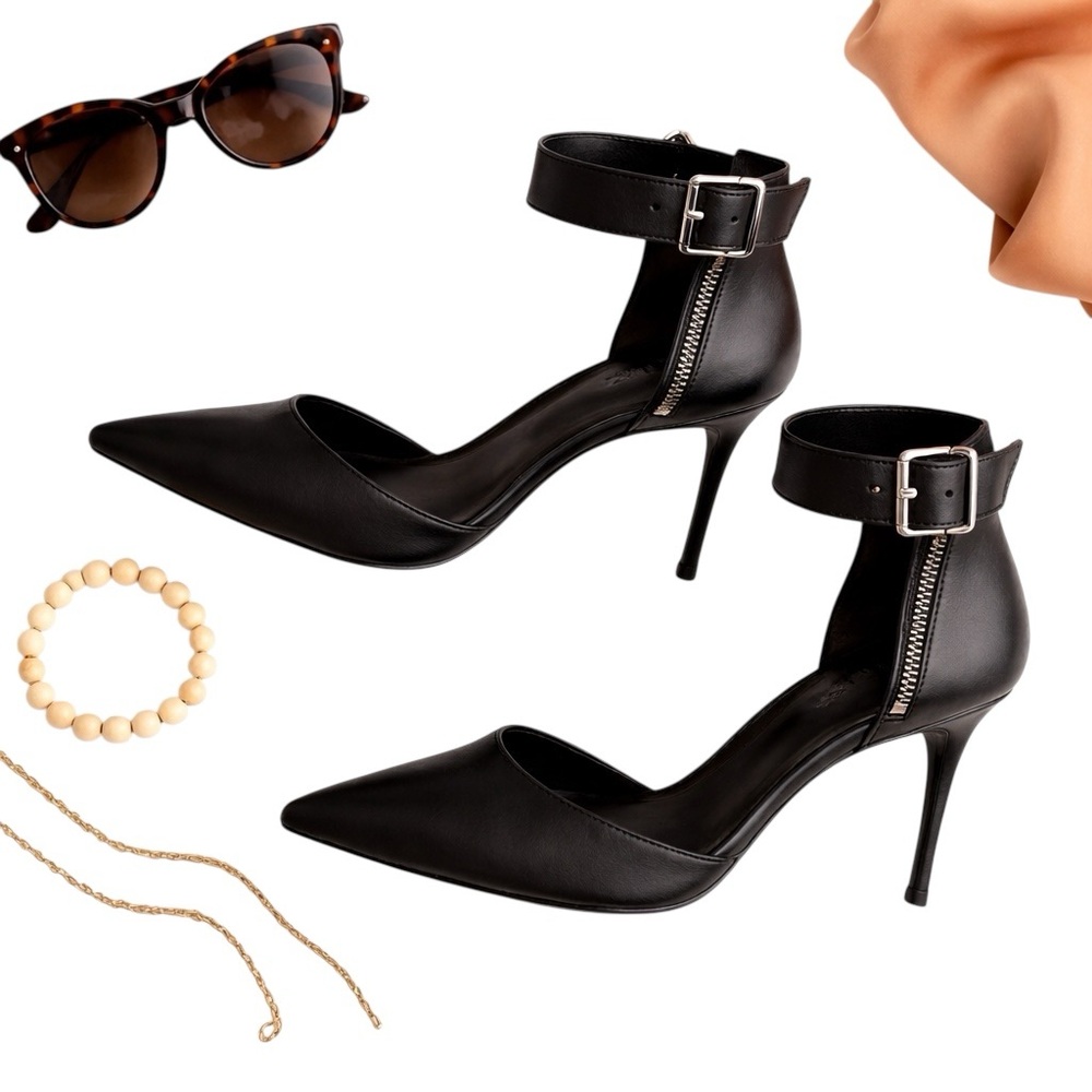 Schutz Black Leather Pointed Toe Stilettos Ankle Strap Zip Heels Size 9B / EU 40